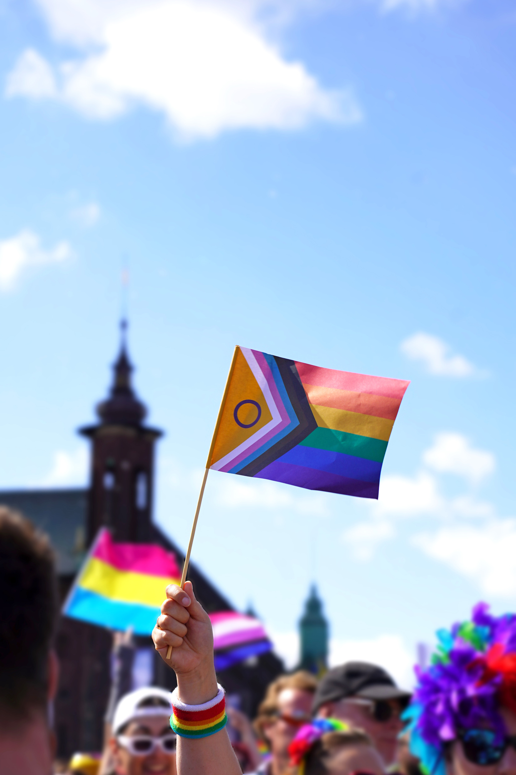 A person holding the Progress Pride flag in the Stockholm Pride parade.